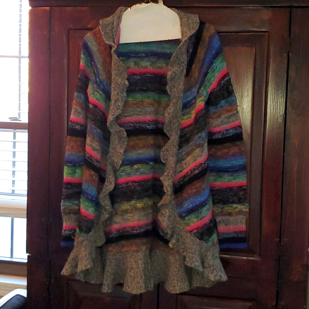SOLD. Anthropology Moth Rainbow ruffled cardigan